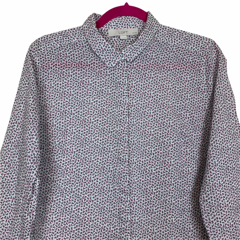 LOFT Ann Taylor Ditsy Floral Cotton Hidden Button Down Blouse Top Large Petite - Picture 3 of 8